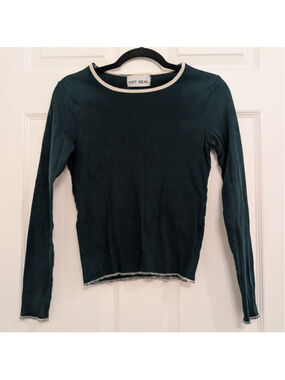 Vintage 90s Y2K WET SEAL Dark Forest Green Long Sleeve Tee Beige Trim Bella M